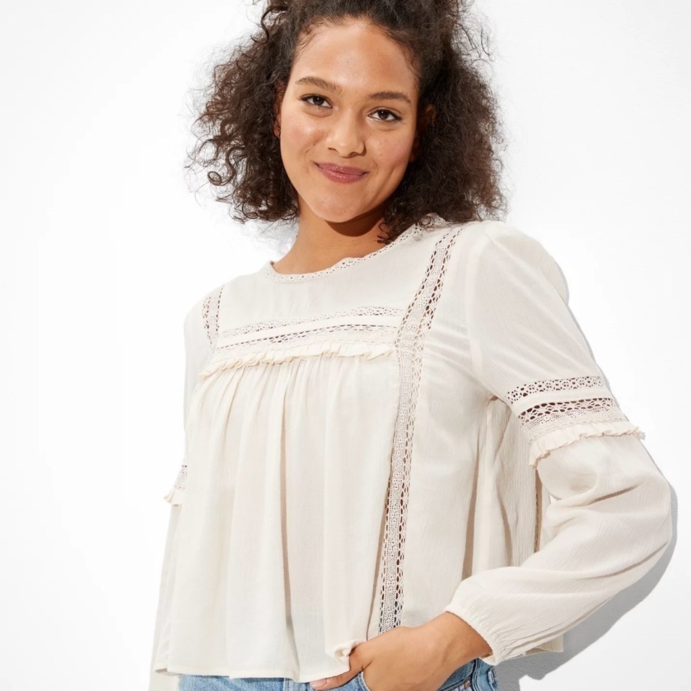 NWT AE High-Neck Babydoll Blouse Small Cottage Core Boho
